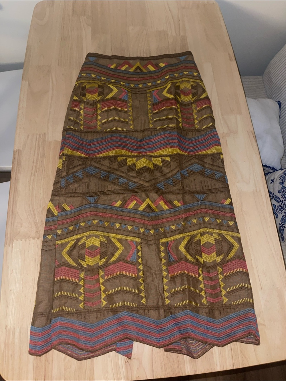 Zara Brown Embroidered Midi Skirt with Yellow, Red & Blue Accents